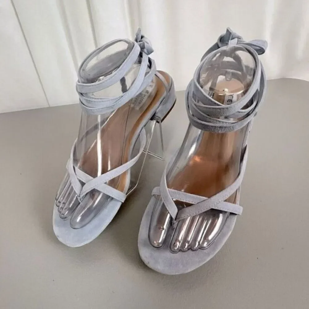 STEVE MADDEN WOMENS SUEDE/VELVET FLATS WITH TIE CALF STRAPS LIGHT BLUE SIZE 9.5